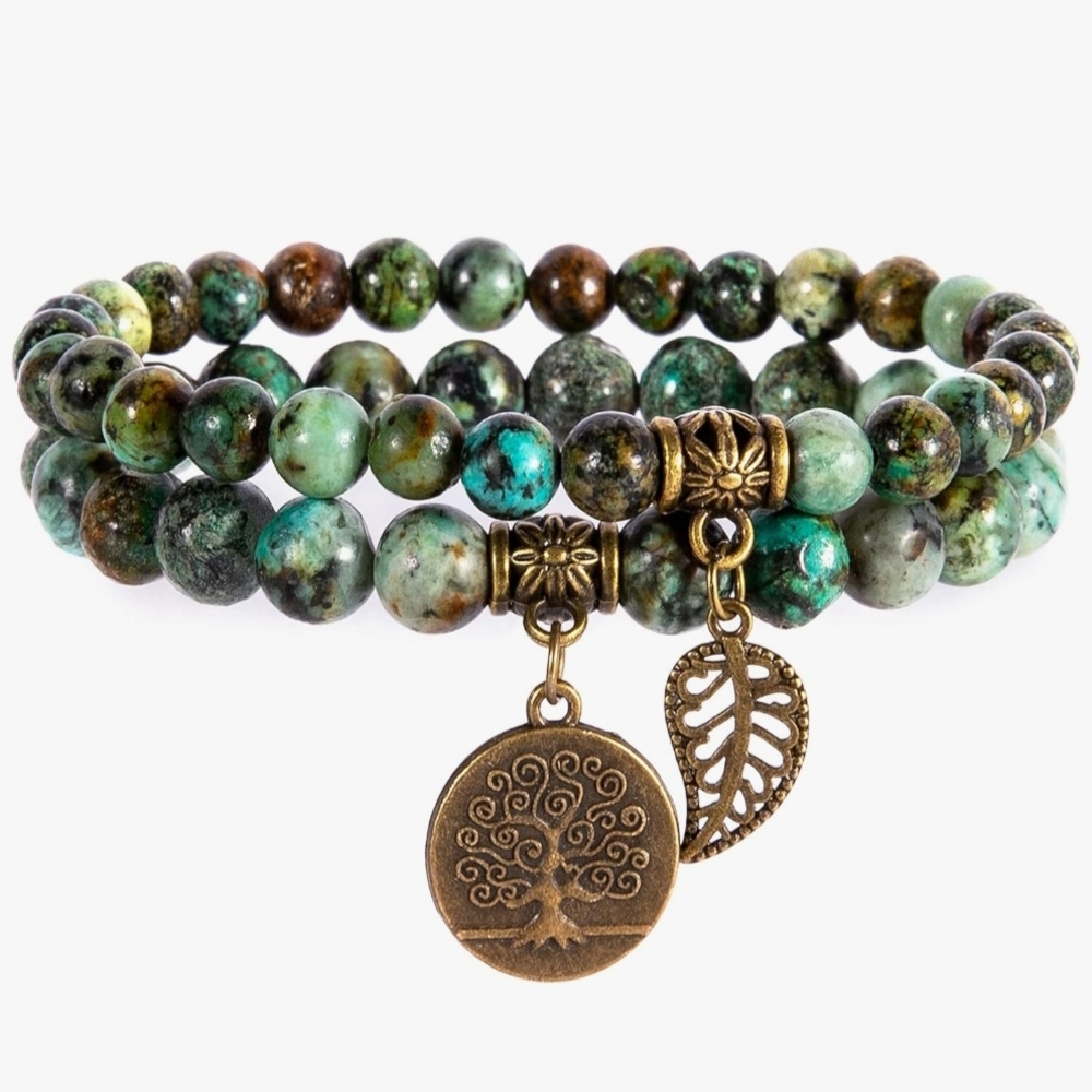 Elegant Green Natural Semi Precious Gemstone Bracelet with Tree Of Life